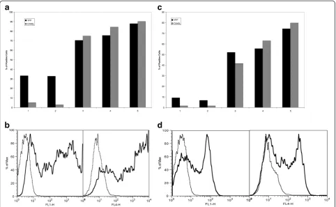 Figure 2 Time trial after vector transfection. (a) Bar graph representing the expression pattern of the fluorescent protein (YFP) and OX40L aftertransfection of eYFP-C1-OX40L into RPE at five time points (time point 1 = 30 min, time point 2 = 1 h, time poi