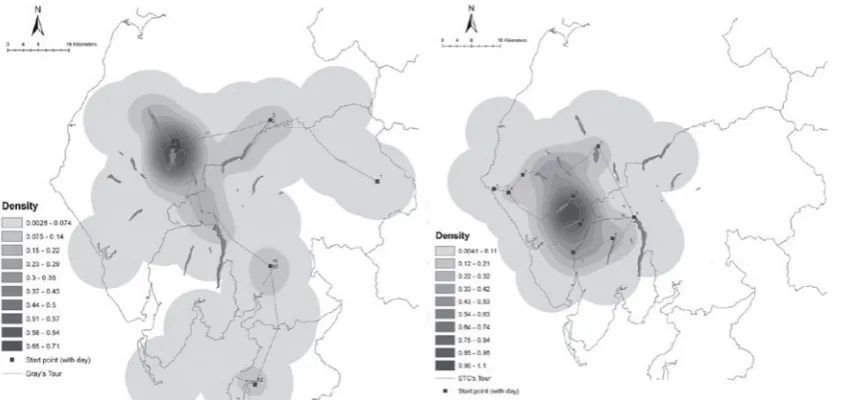 Figure 2. Density smoothing maps of Gray’s (left) and Coleridge’s (right) accounts 