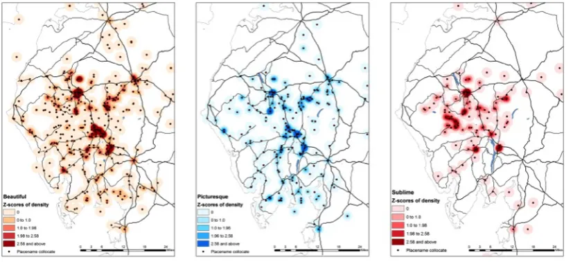 Figure 5. Distribution and density smoothing maps for beautiful, picturesque, and sublime 