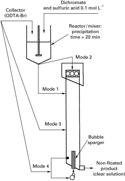 Figure 6Ion flotation modes using column for CrProcessing 51: 229, Copyright (1997), with permission fromnisms and ion flotation possibilities using column for Cr6# recoverywith ODTA-Br