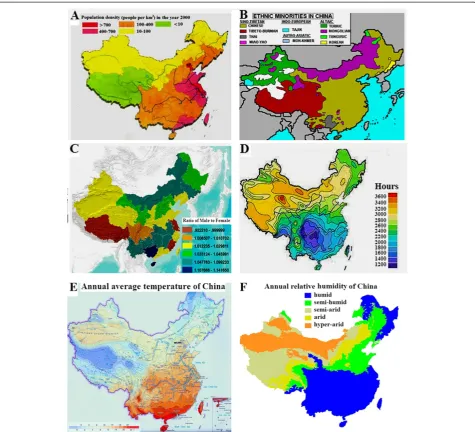 Figure 3 The possible influential factors.relative humidity of Chinamales in different regions of China Population density of China (A); The distribution of Chinese ethnic groups (B); Ratio of females to (C); Average sunshine per year in different regions of China (D); Annual average temperature (E); Annual (F).