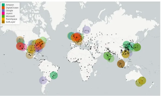 FIGURE 1 - Major cloud data centers (with a 750 mile radius) and major urban areas (black dots), showing that for a large amount of end users no nearby data center is found