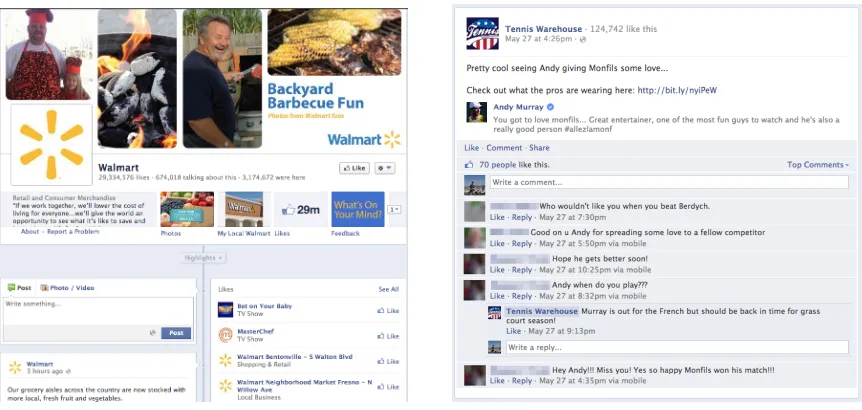 Figure 1: (Left) Example of a ﬁrm’s Facebook Page (Walmart). (Right) Example of a ﬁrm’smessage and subsequent user engagement with that message (Tennis Warehouse)