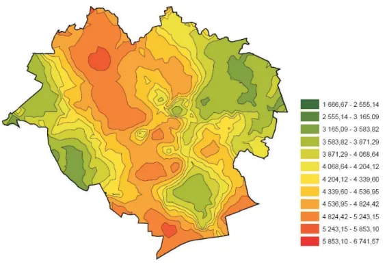 Fig. 4. Analysis of the spatial distribution of average apartment prices with the use of ordinary kriging interpolation methods