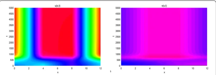 Figure 4 The nonconstant positive solution of system (1.2). Here d1 = 0.005, d2 = 20, α = 1, m = 0.4, β = 0.1