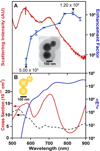 Figure 1.10: A: experimental backscatter (red)and SERS measurements (blue) of theencapsulated gold trimer (inset)