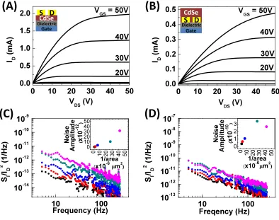 Figure 4-1. Device output characteristics (ICdSe NC-FETs. Normalized drain current spectral density (Sand (D) bottom-contact CdSe NC-FETs, where the channel width over length ratio (W/L) is 15 for all devices and the length is (magenta) 40 µm (green) 50 µm