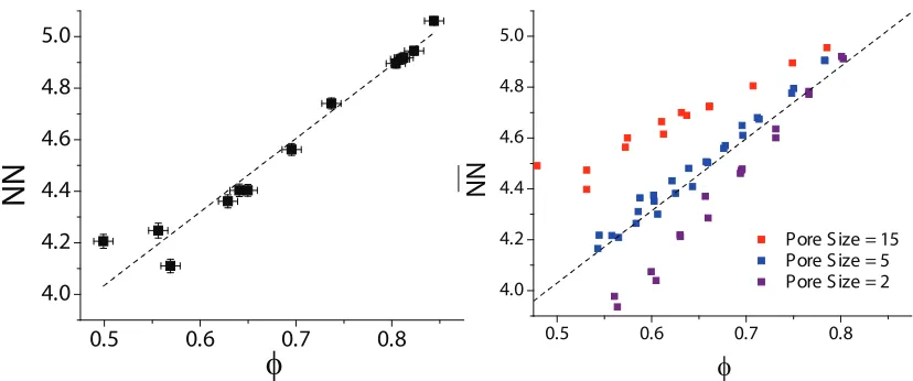 Figure 3.11: (Left) Average number of nearest neighbors as a function of 휙observed packings, with a linear ﬁt