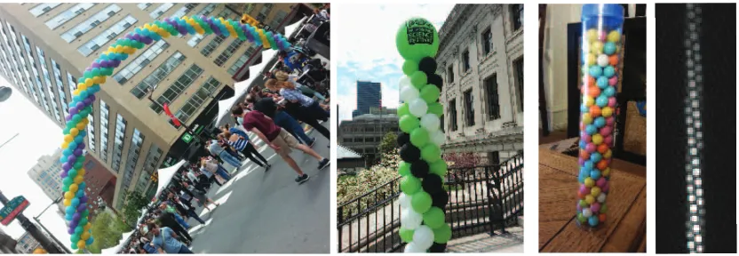 Figure 1.1: Helical packings of spheres. (Left) Packings of ballooons at festivals with (0,4,4)and (0,3,3) structures