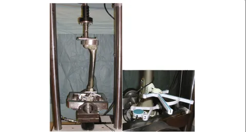 Figure 3 Overview of the test setup used. Left: the entire setup, the femur loaded in the MTS