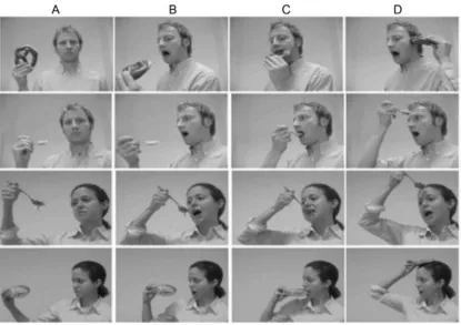 Figure 2.1:  ERP stimuli: Three-image sequence depicting context (A), mid action (B), and action outcome (C/D)