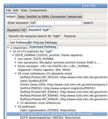 Fig. 1. Querying Pathway Commons for EGFR brings up all available information about entities that contain this term, presented as a tree
