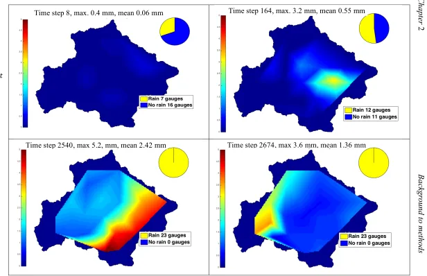 Figure 2-1: Maps of rainfall over the Brue catchment showing the variability in time and space