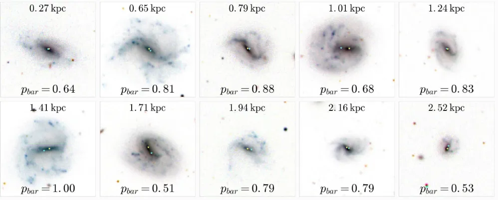 Figure 3. Examples of galaxies with oﬀset discs and bars in SDSS; inverted colour gri composite images
