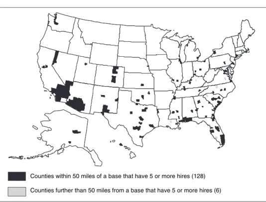 Figure 3: Concentration of Troops Hired through the Program between the  Enactment of NCLBA and June 30, 2005, Relative to the Location of Major Military  Installations, by County 