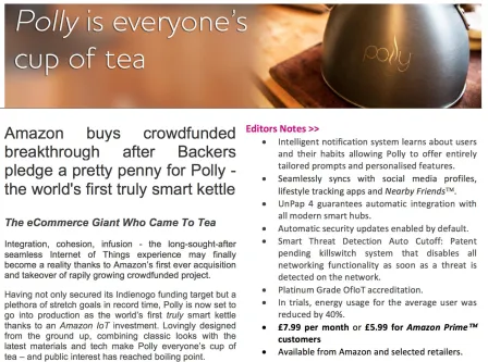Figure 1. Extracts from the press release about the Polly smart kettle. The press release primarily provides texture and detail to the world that Polly exists within so as to provide a tangible space to prototype the OOO-inspired design concepts
