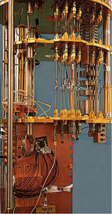 Figure 1 The sample stages of a dilution refrigerator equipped with microwave lines.  The different levels get progressively colder