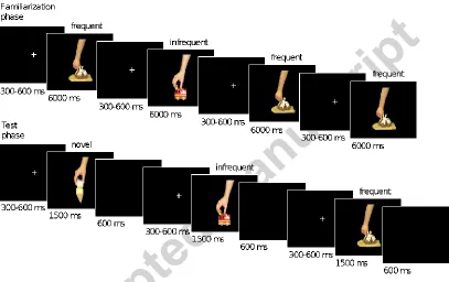 Figure 2. Trial structure in the familiarization and test phases. In the familiarization phase the frequent stimuli were presented in 75%, while the infrequent stimuli were presented in 25% of the trials