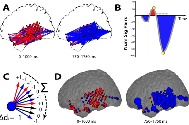 Figure 2.6: Aggregating pair-wise network connections. A: All pairs of electrodes with signiﬁcant(p < 0.05) increases (red lines) or decreases (blue lines) in theta synchrony during successfulencoding are shown for two di↵erent time epochs for patient TJUH