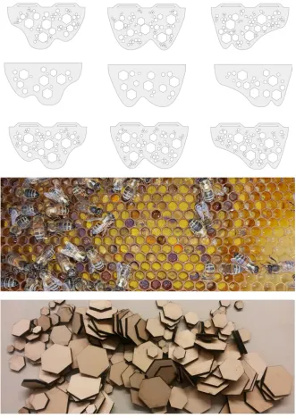 Figure 3. Revised designs of Bee Boxes showing three variations (top); Pollen colours (middle), Wooden hexagonal tiles as by-product of constrution process
