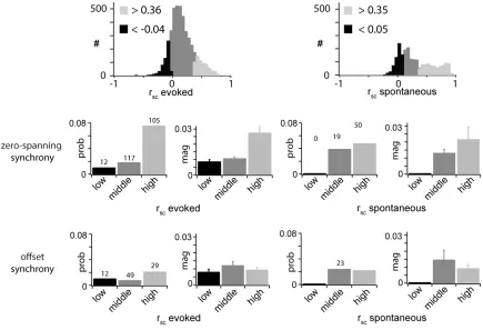 Figure 2.10. rsc is correlated with zero spanning, but not offset synchrony.  (A and B) Each pair was classified as high, mid, or low rsc, for both evoked (A) and spontaneous 