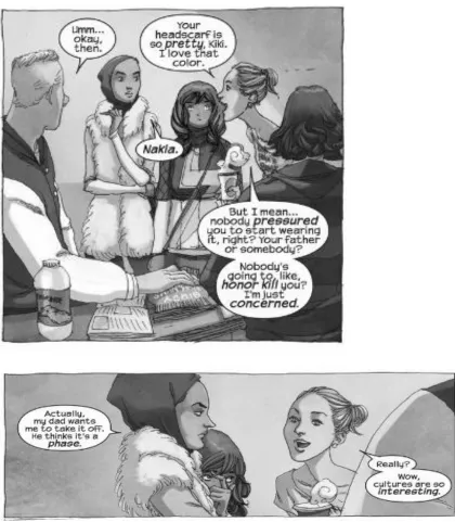 Figure 2. Ms. Marvel #1, pg. 3 panel 5, and pg. 4 panel 1 