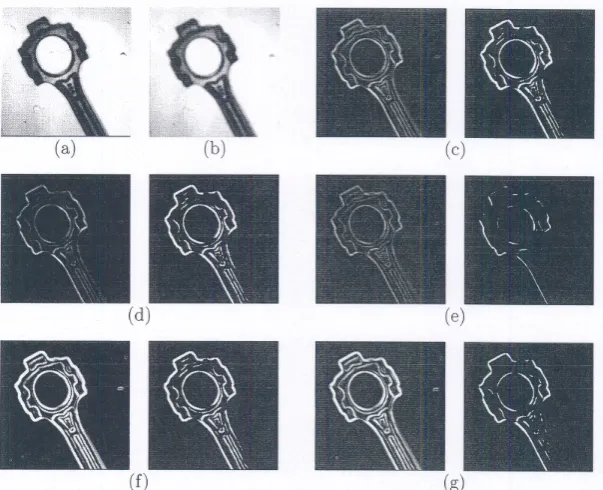 Fig. 2.4 A comparison of Edge Detectors. a) Original image b) Filtered image, c) Simplegradient using 1 x x2 and 2 x 1 masks, d) Gradient using 2 x 2 masks, e) Robert crossoperator, f) Sobel operator, g) Prewitt operator [58]