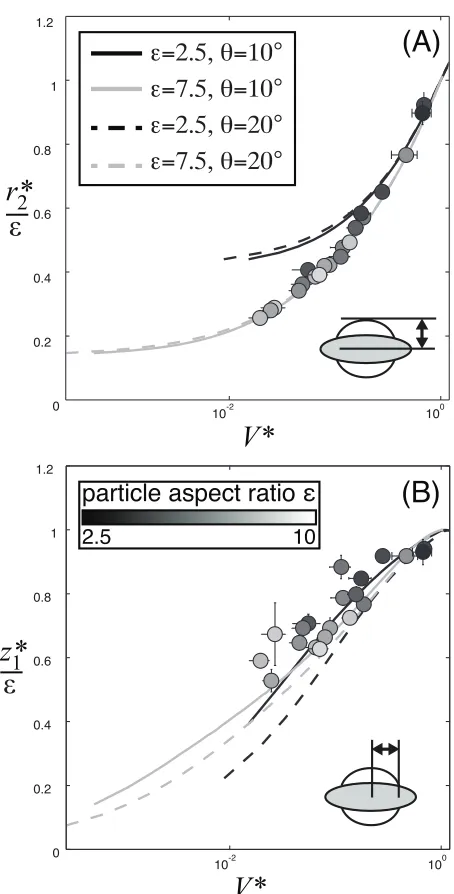 Fig.  2.4: The dimensionless maximum droplet radius =2.5 (gray line) and 7.5 (black  line), and two contact angles, z* /!θε = =10z°  (solid line) and / aposition of the contact line !θ =° 20!Experimental data points (circles) are color-coded according to t