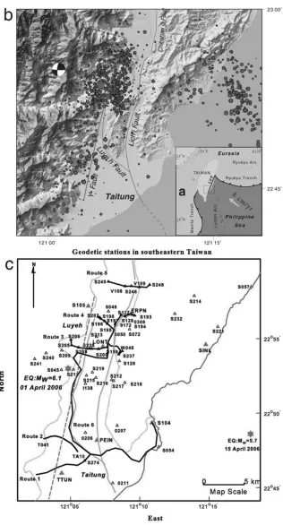 Fig. 1. (a) Tectonic framework of the Taiwan area. The Longitudinal Valley Fault (LVF) represents the plate suture between the Eurasian and PhilippineSea plates