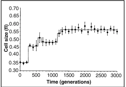 Figure 3: Cell size as a function of time (over 3,000 generations) in one of the 12 populations on the Lenski experiment