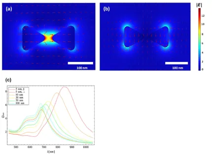 Figure 2.2 | a-b, E-field distribution at the LSPR frequency for incident light polarized along (a) and perpendicular (b) to the bowtie axis (g = 30 nm)