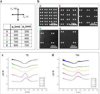 Figure 2.10 | Pitch variation study of bowtie arrays. a, Incident light polarization (TE and TM) with respect to the bowtie axis direction