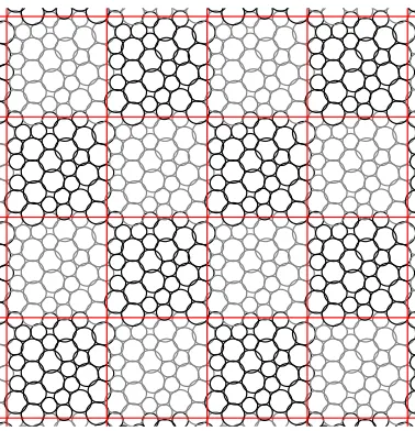 Figure 2.1: A 32 particle system with periodic boundary conditions interpreted as a tiling in space.Here a 4×4 section of the tiling is shown