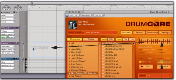 Figure 3.  Drag and drop a Gabrielized groove from DrumCore to Digital Performer