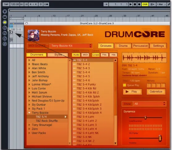Figure 1.  Dragging and dropping a DrumCore audio groove to a Live audio track in Arrangement View