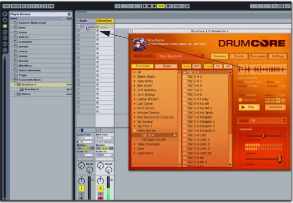 Figure 2.  Dragging and dropping a DrumCore audio groove to an audio clip on a Live audio track in Session View