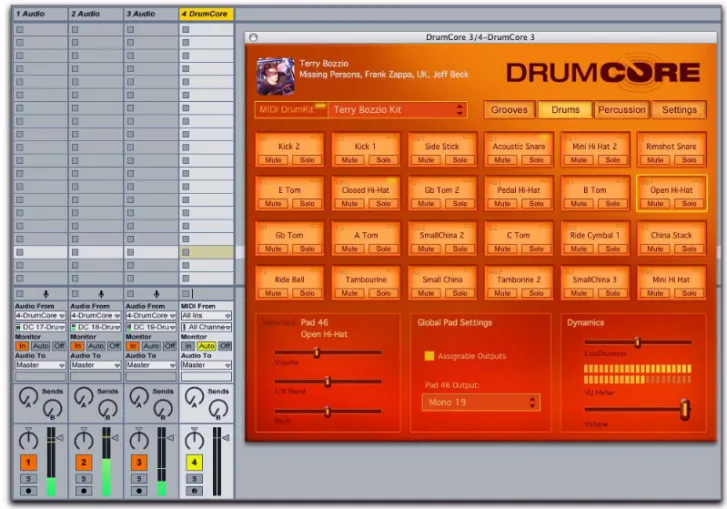 Figure 4 shows an example of a Live set with  DrumCore inserted on a MIDI track, and with the  Kick, Snare, and High-Hat Pads assigned to  sepa-rate outputs for individual mixing and processing  on separate audio tracks.