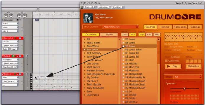 Figure 9.  Drag and drop MIDI from DrumCore to Digital Performer