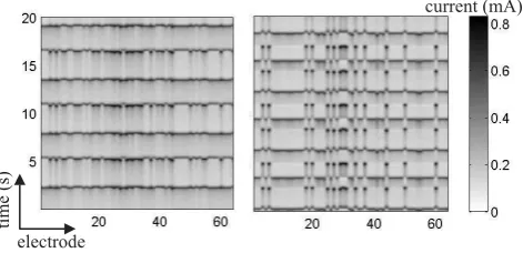 Figure 10Mutual entrainment and stable single-cluster (leftpanel) and two-cluster (right panel) states of a population of64 globally-coupled electrochemical relaxation oscillators un-der the same experimental conditions
