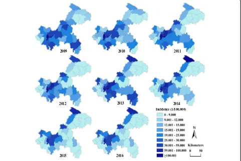 Fig. 5 Incidence maps of bacillary dysentery in Chongqing from 2009 to 2016