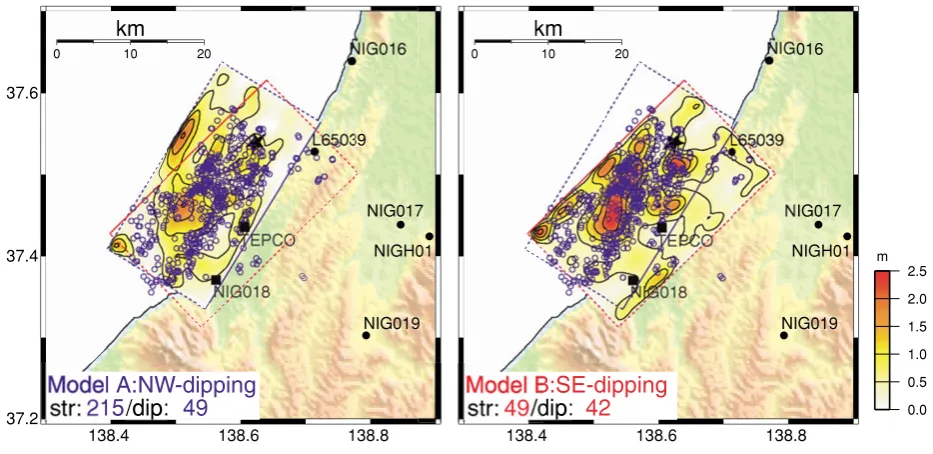 Fig. 5. Projection of inverted slip distribution for Model A (NW-dipping fault) and Model B (SE-dipping fault)