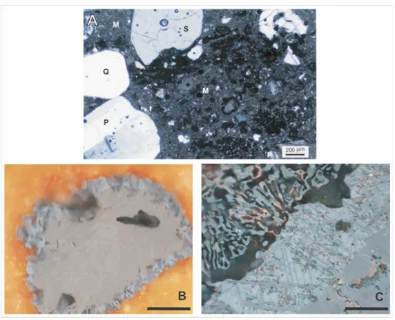 Fig. 4.Transmitted (A) and reﬂected (B and C) light microphotographs. (A) This photograph of PS site shows the fragmentary character of thephenocrystals: quartz (Q), sanidine (S) and plagioclase (P), englobed in a partially devitriﬁed matrix (M)