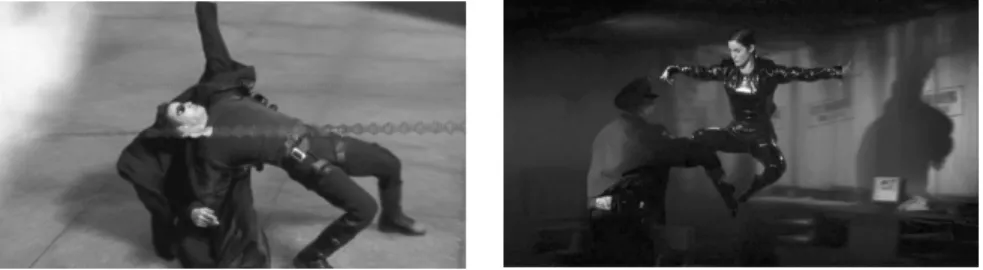 Abb. 1 und 2: Bullet-Time-Effekt in T HE  M ATRIX  bei Neo (links) und Trinity (rechts) 