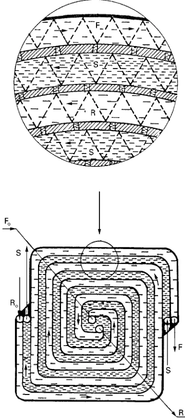 Figure 5Spiral-typeflowingliquidmembranemodule.R, Acceptor solution; F, donor solution; S, membrane liquid.