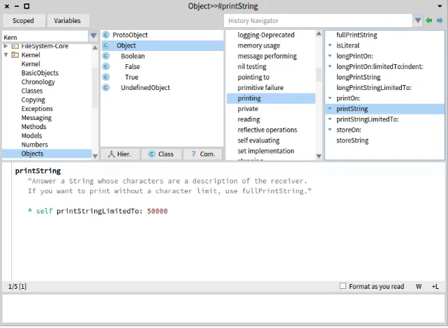 Figure 2.11: The System Browser showing the printString method of classObject