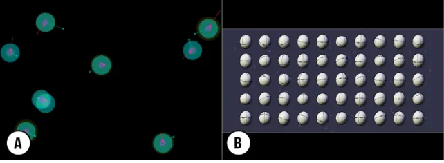 Fig. 1. Williamson’s concept demonstrators for Active Selection: in the Browninan motion interface, objects are disturbed in theirmotion (A), and in the Eggheads interface in their orientation (B)