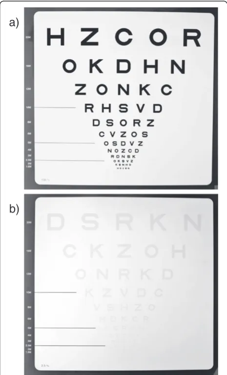 Figure 1 Sloan low contrast letter acuity charts. Depicted are Sloanlow contrast letter acuity charts at 100% (a) and 2.5% (b) contrast level.