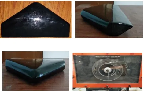 Figure 1: Top view, side view, side view and model in wind tunnel 