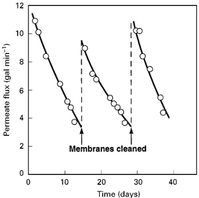 Figure 10Ultrafiltration flux as a function of time for an electro-coat paint latex solution