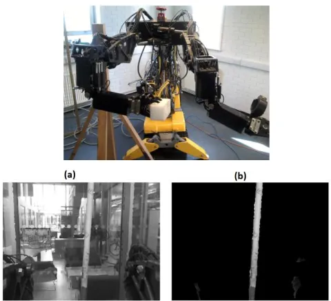 Fig. 1 Top: BROKK–based nuclear decommissioning robot. Lower photos: imagine processing: (a) original and (b) simplified image of the target pipe